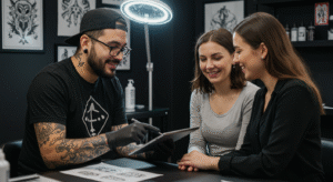 Tatuador realizando um atendimento ao cliente de excelência, mostrando um projeto de tatuagem em um tablet para uma cliente satisfeita.