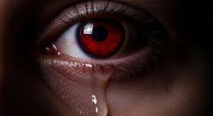 Olho com esclera vermelha e lágrima, simbolizando os riscos da tatuagem no olho