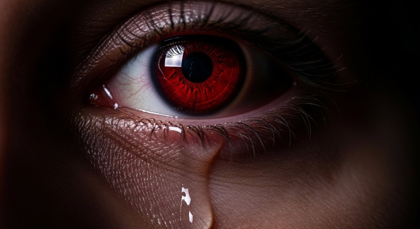 Olho com esclera vermelha e lágrima, simbolizando os riscos da tatuagem no olho