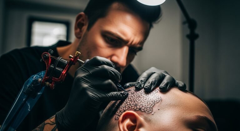 Close-up de um tatuador fazendo uma tatuagem de mandala na cabeça de um cliente em um estúdio.