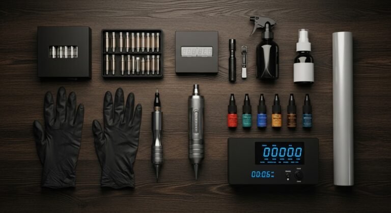 Seleção de produtos para tatuagem, incluindo uma máquina pen, cartuchos e luvas, organizados em uma bancada de madeira.