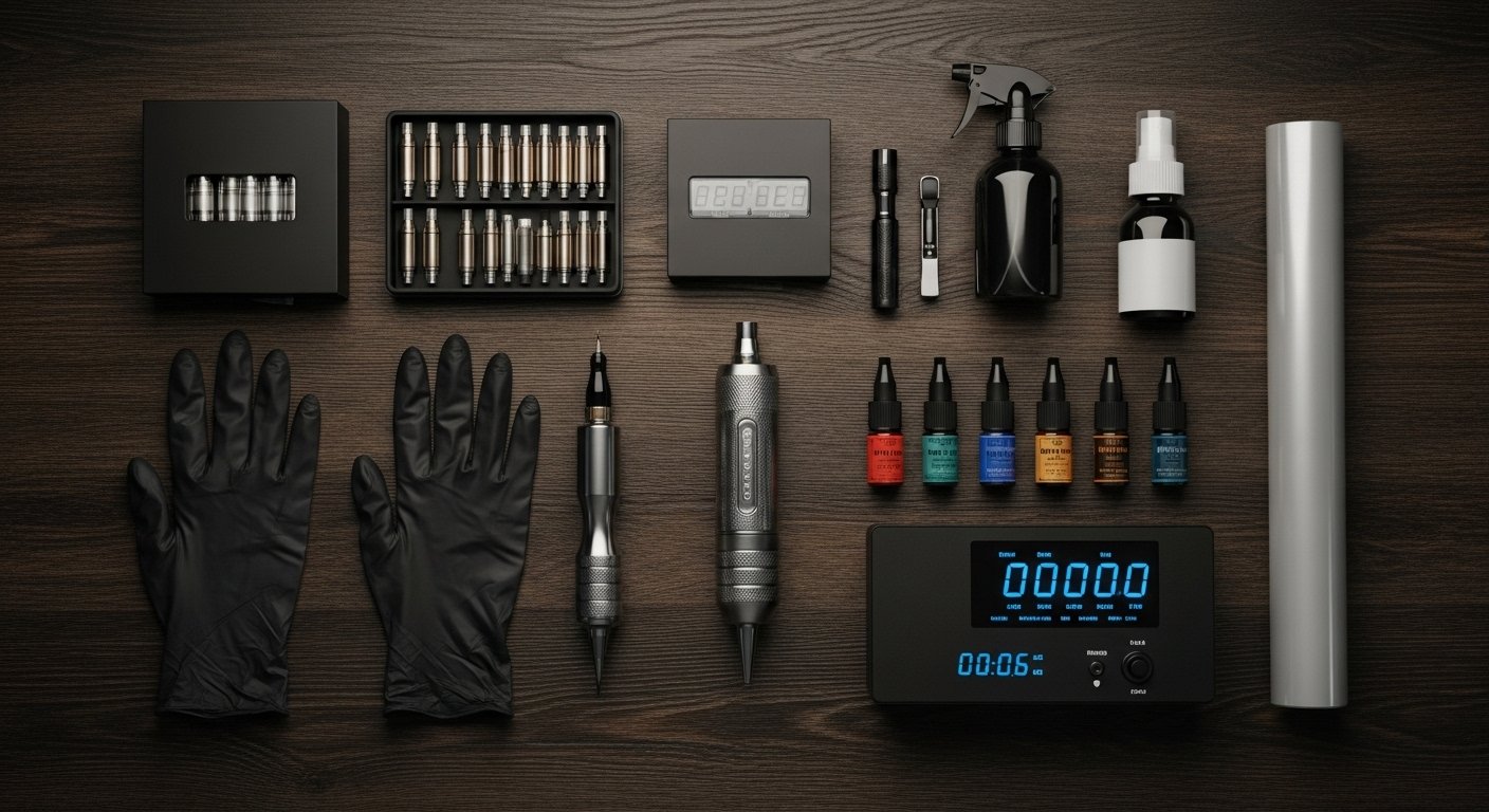 Seleção de produtos para tatuagem, incluindo uma máquina pen, cartuchos e luvas, organizados em uma bancada de madeira.