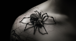 Tatuagem realista de uma aranha em preto e cinza no ombro, ilustrando o significado de criação e mistério do símbolo.