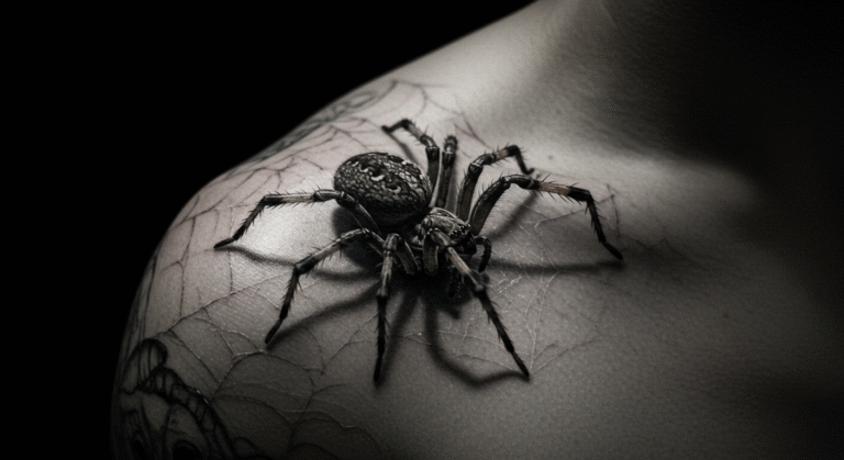 Tatuagem realista de uma aranha em preto e cinza no ombro, ilustrando o significado de criação e mistério do símbolo.