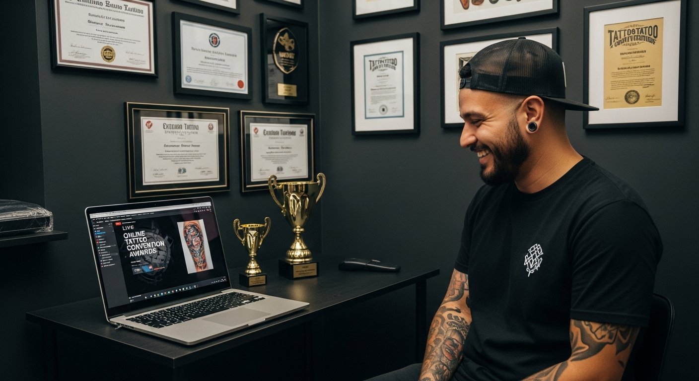 Tatuador em seu estúdio assistindo a uma premiação de uma competição de tatuagem online e comemorando a vitória.