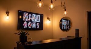 Recepção de um estúdio de tatuagem inteligente, com iluminação automatizada, TV e um smart speaker com Alexa.