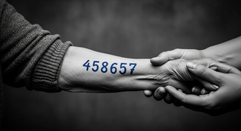 Braço de um sobrevivente do Holocausto com o número de prisioneiro tatuado em Auschwitz, ilustrando a história real por trás de "O Tatuador de Auschwitz".