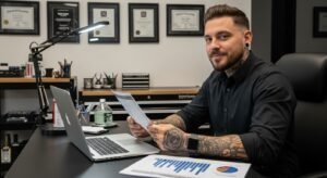 Tatuador profissional em seu estúdio analisando as finanças em um laptop, ilustrando quanto ganha um tatuador e a importância da gestão.