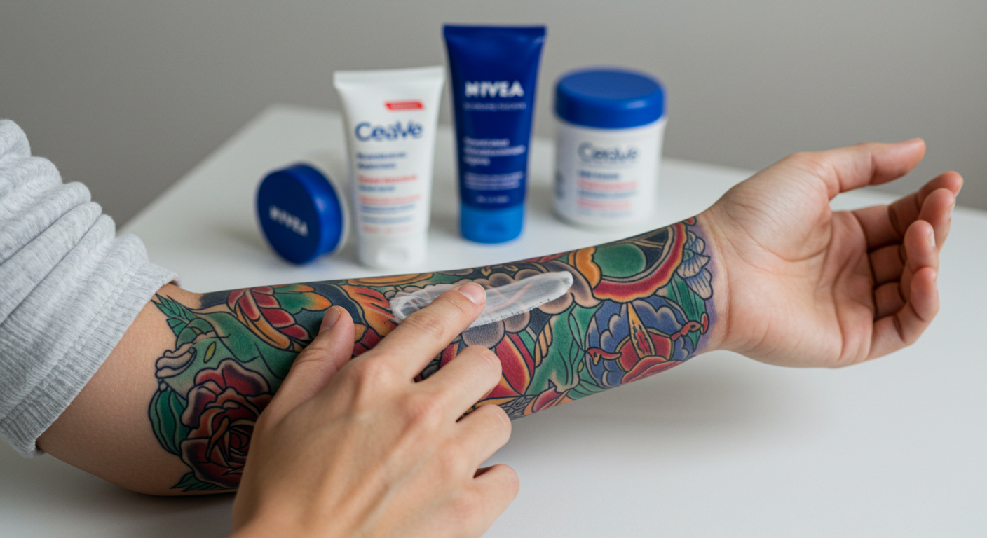 Pessoa aplicando o melhor hidratante para tatuagem em uma arte colorida e já cicatrizada no braço.