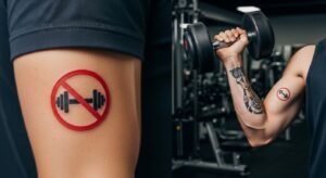 Comparativo mostrando que não pode treinar depois de fazer tatuagem, mas que é possível voltar após a cicatrização.