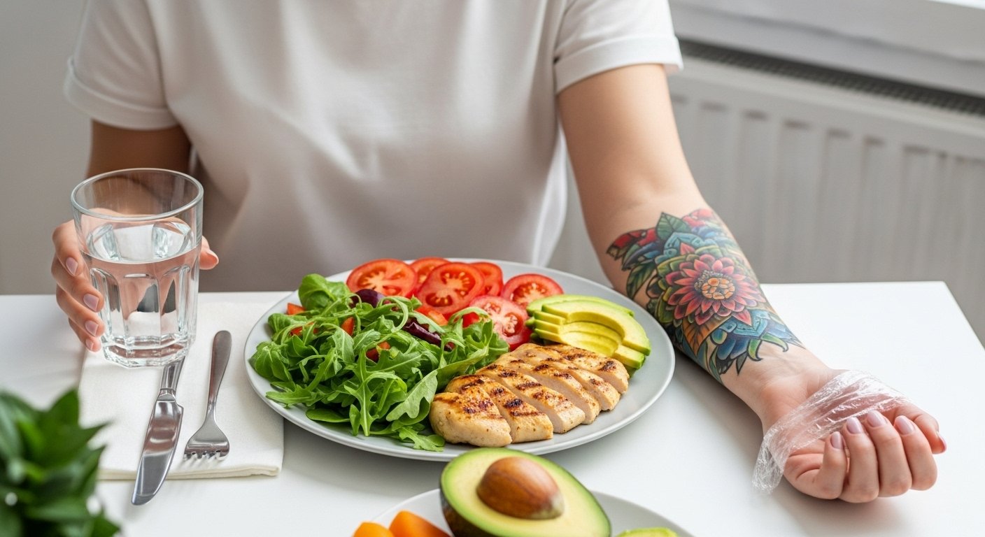 Pessoa com uma tatuagem nova no braço se alimentando de forma saudável para ajudar na cicatrização.