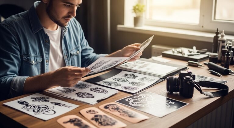 Jovem tatuador iniciante montando seu primeiro portfólio de tatuagem com desenhos e trabalhos em pele artificial.