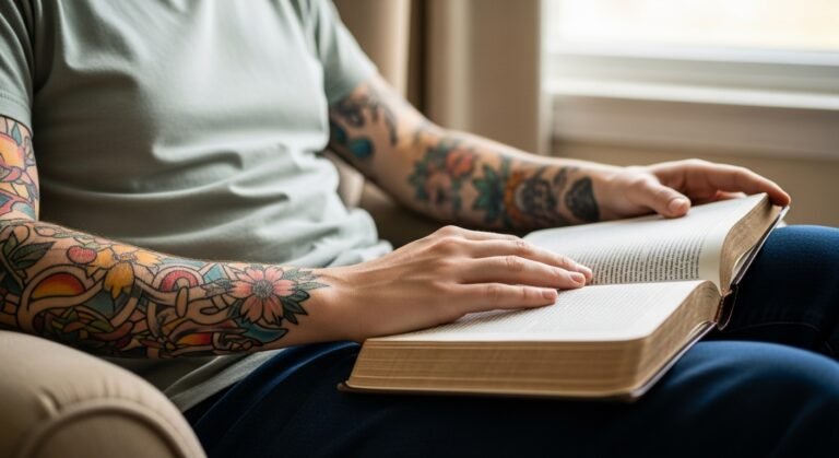 Pessoa com braços tatuados lendo a Bíblia, refletindo sobre o que a Bíblia fala sobre tatuagem.