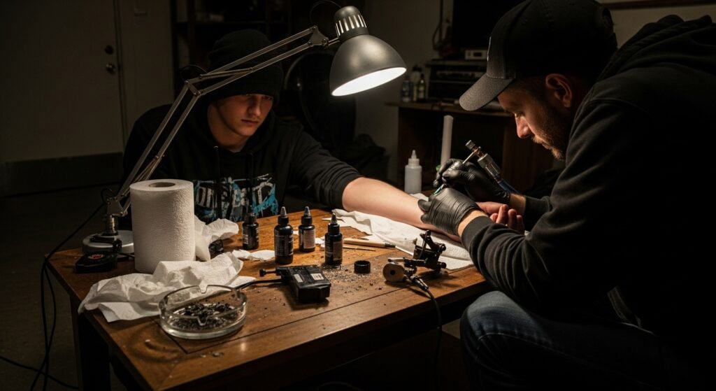 Ambiente improvisado para uma tatuagem em casa, destacando os riscos de contaminação.