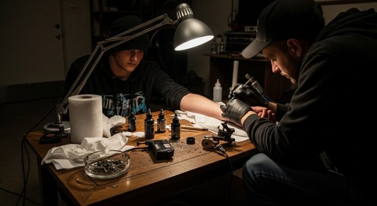 Ambiente improvisado para uma tatuagem em casa, destacando os riscos de contaminação.