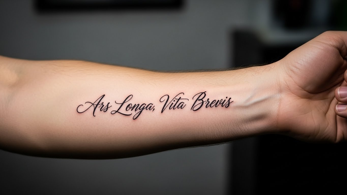 Tatuagem no braço masculino com uma escrita em caligrafia preta elegante.