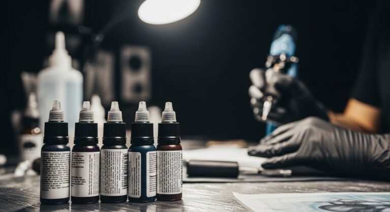 Vários frascos de pigmentos de tatuagem de marcas profissionais em uma bancada, para o guia de compra de pigmentos.