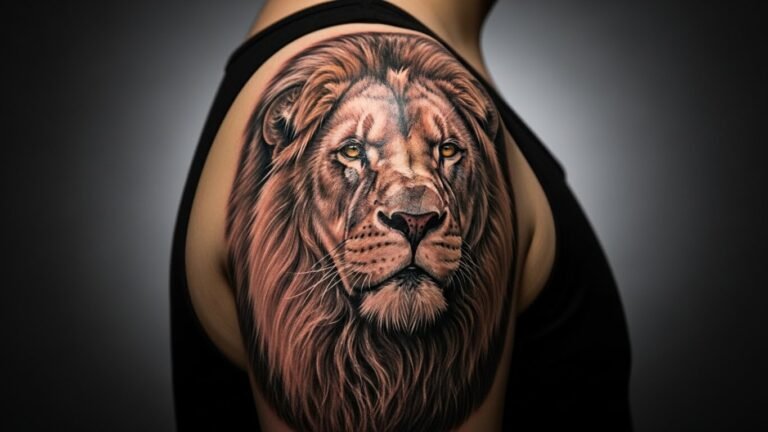 Close em uma tatuagem de leão com significado de força e serenidade no ombro.