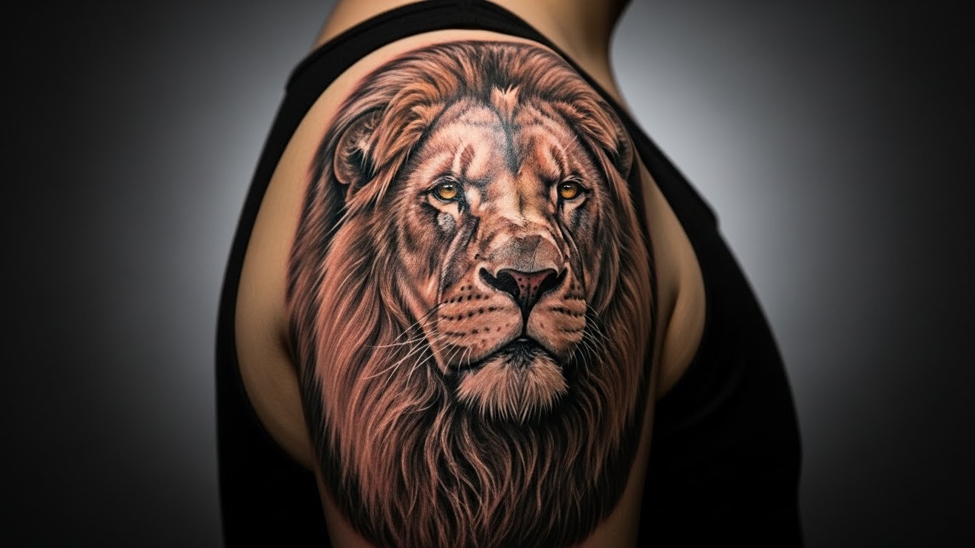 Close em uma tatuagem de leão com significado de força e serenidade no ombro.