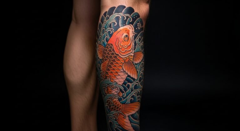 Tatuagem de carpa colorida em estilo japonês nadando contra a correnteza, ilustrando o significado de força e perseverança.