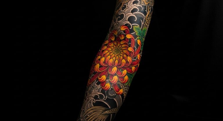 Tatuagem de crisântemo em estilo japonês no braço, ilustrando o seu significado de honra e resiliência. Título da Imagem: crisantemo-tatuagem-significado-japones