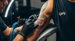 Tatuador finalizando uma tatuagem de time de futebol criativa no braço de um cliente.