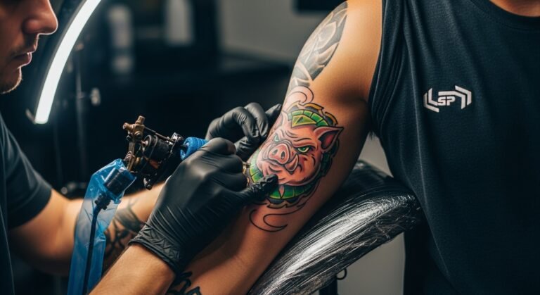 Tatuador finalizando uma tatuagem de time de futebol criativa no braço de um cliente.