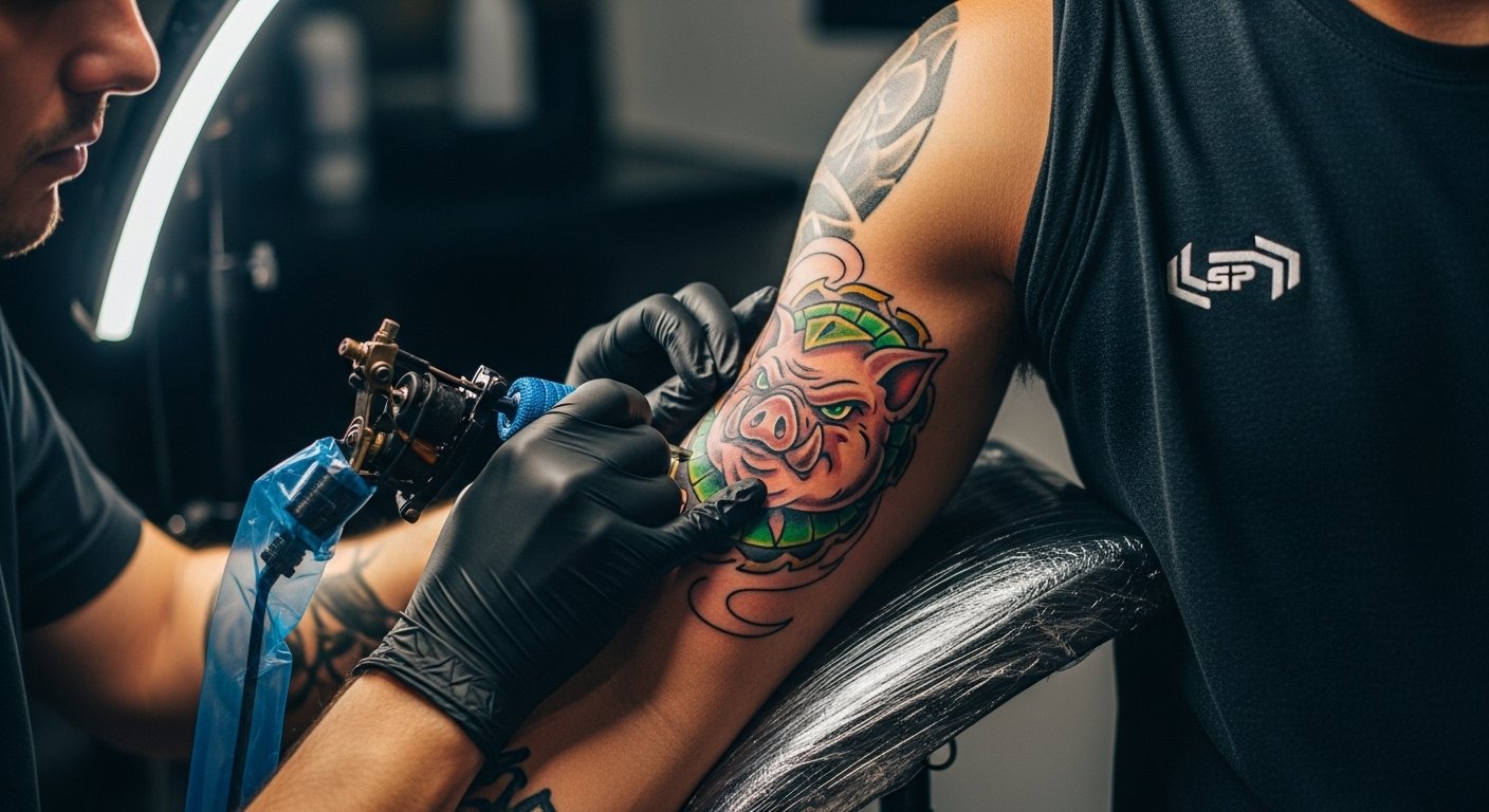 Tatuador finalizando uma tatuagem de time de futebol criativa no braço de um cliente.