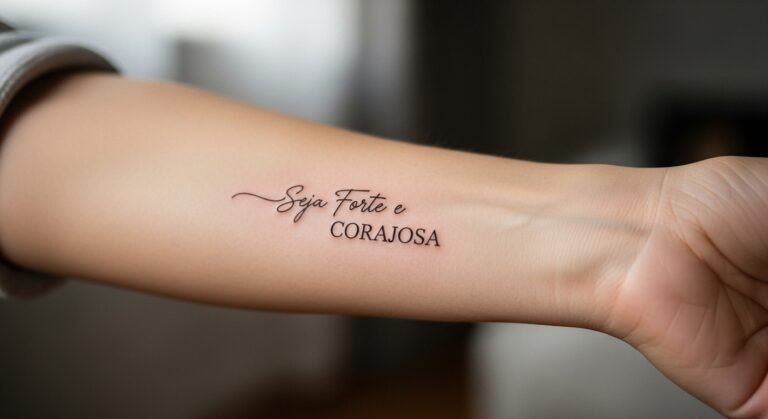 Close-up de uma tatuagem feminina e delicada no antebraço com a frase para tatuagem "Seja Forte e Corajosa"
