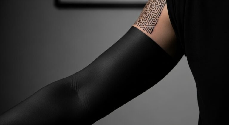 Close-up de um braço com uma tatuagem blackout perfeitamente cicatrizada, exibindo um preto sólido e uniforme.