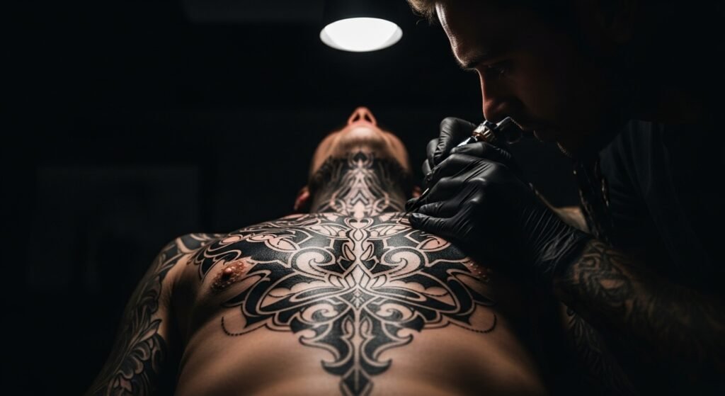 Tatuador finalizando uma complexa dark ornamental tattoo simétrica no peito de um cliente. Título da Imagem: Execução de uma Tatuagem no Estilo Dark Ornamental