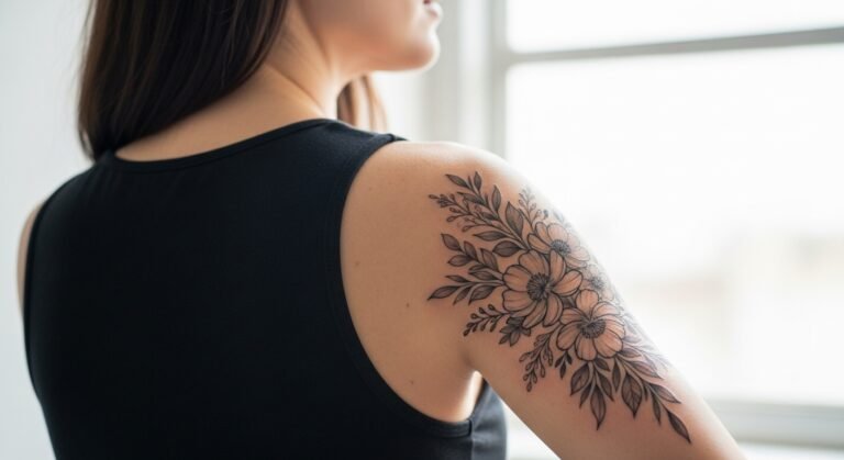 Mulher de costas olhando pela janela, exibindo suas ideias de tatuagem no braço feminina com um grande buquê floral.