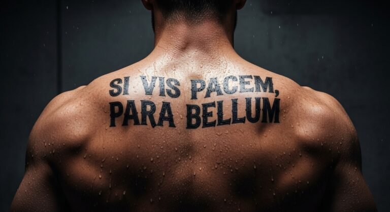 Tatuagem "Si Vis Pacem, Para Bellum" nas costas de um homem, detalhando o significado da frase famosa no filme John Wick.