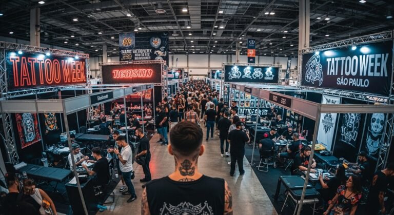 Visão panorâmica do evento Tattoo Week São Paulo, mostrando a multidão e os estandes de tatuadores em um centro de convenções.