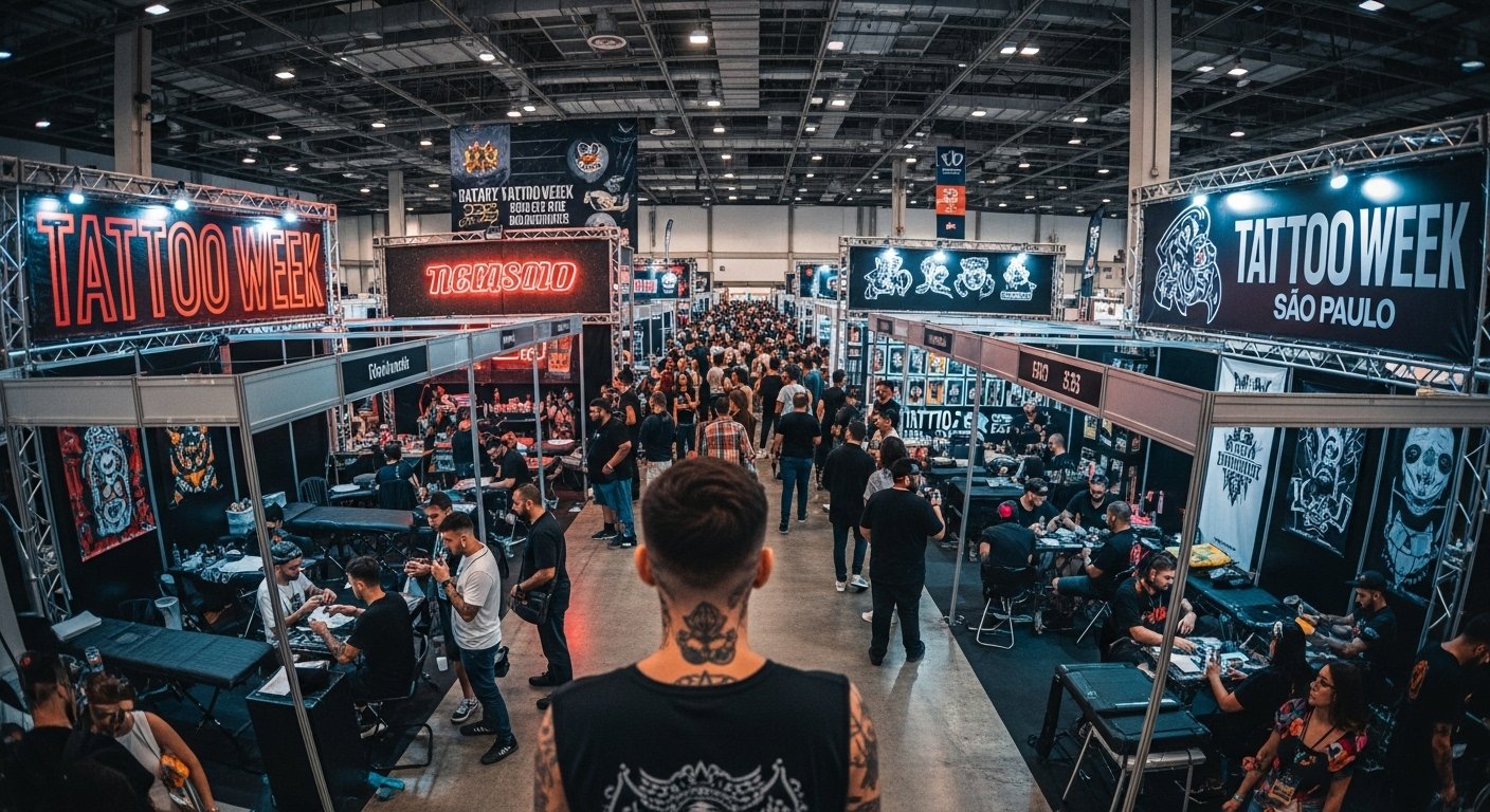 Visão panorâmica do evento Tattoo Week São Paulo, mostrando a multidão e os estandes de tatuadores em um centro de convenções.