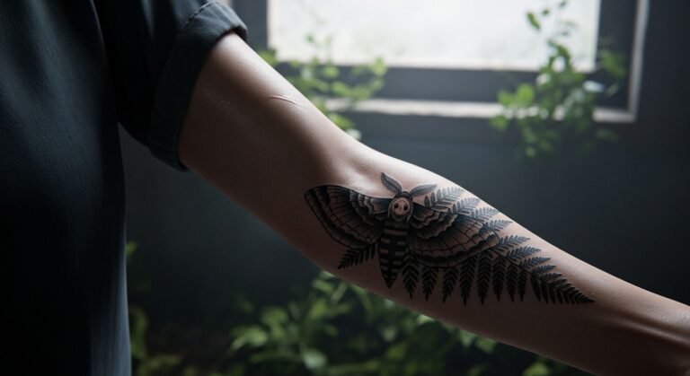 Detalhe da tatuagem da Ellie de The Last of Us no antebraço, mostrando a mariposa e a samambaia e seu significado no jogo.