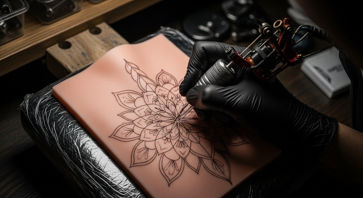 Tatuador praticando com uma máquina em uma pele artificial para tatuagem de silicone, demonstrando a técnica de traço.