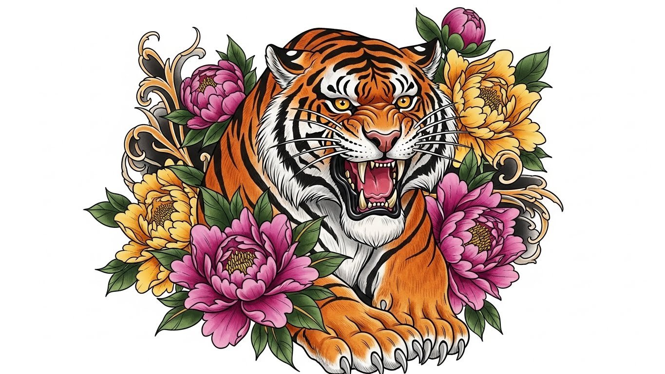 Exemplo de uma arte de Neo Trad Tattoo de um tigre com peônias, mostrando cores vibrantes e variação de linhas.