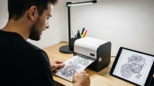 Tatuador profissional usando uma impressora térmica para tatuagem para criar um decalque preciso.