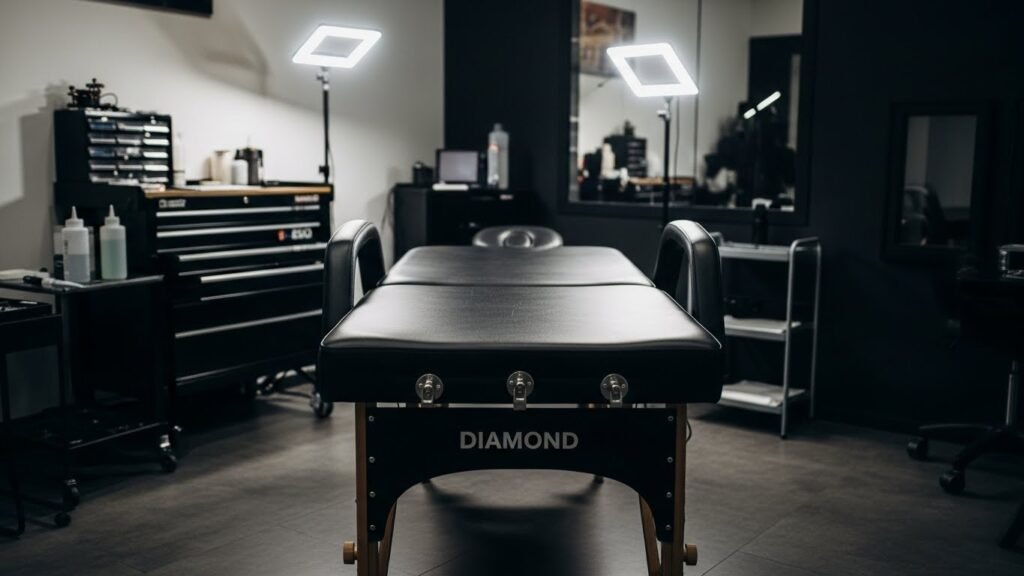 Maca para tatuagem profissional, preta, em um estúdio moderno e bem iluminado.