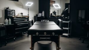 Maca para tatuagem profissional, preta, em um estúdio moderno e bem iluminado.