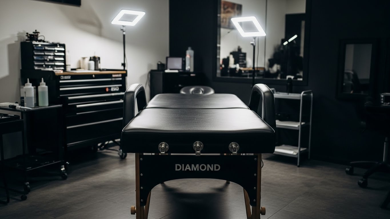 Maca para tatuagem profissional, preta, em um estúdio moderno e bem iluminado.