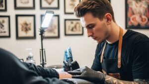 Tatuador profissional em um estúdio moderno, simbolizando a evolução da tatuagem.