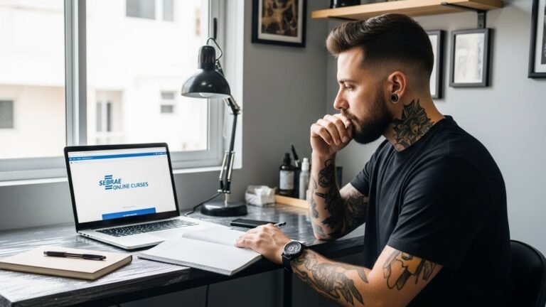 Tatuador profissional estudando em um dos cursos gratuitos do Sebrae em seu laptop para melhorar seu estúdio.