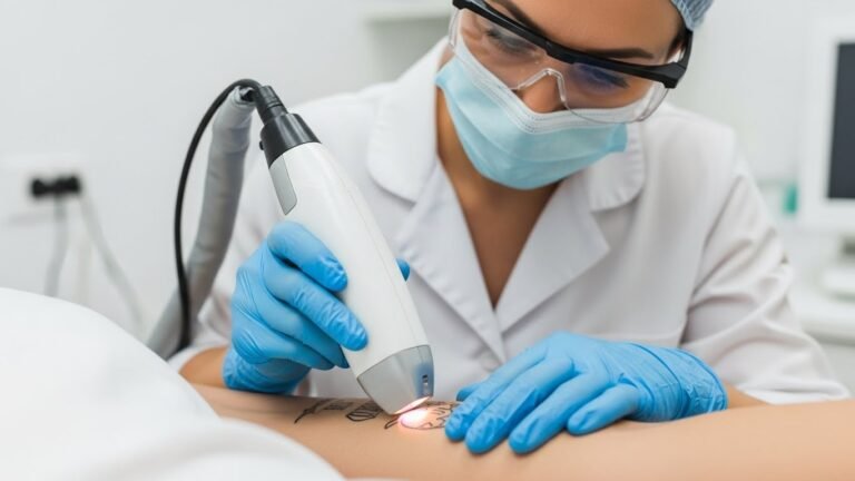 Profissional realizando procedimento de remoção de tatuagem a laser, ilustrando o processo e o valor do tratamento.