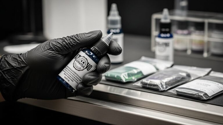 Mão de tatuador segurando um frasco de tinta, destacando a importância dos produtos de tatuagem regulamentados.