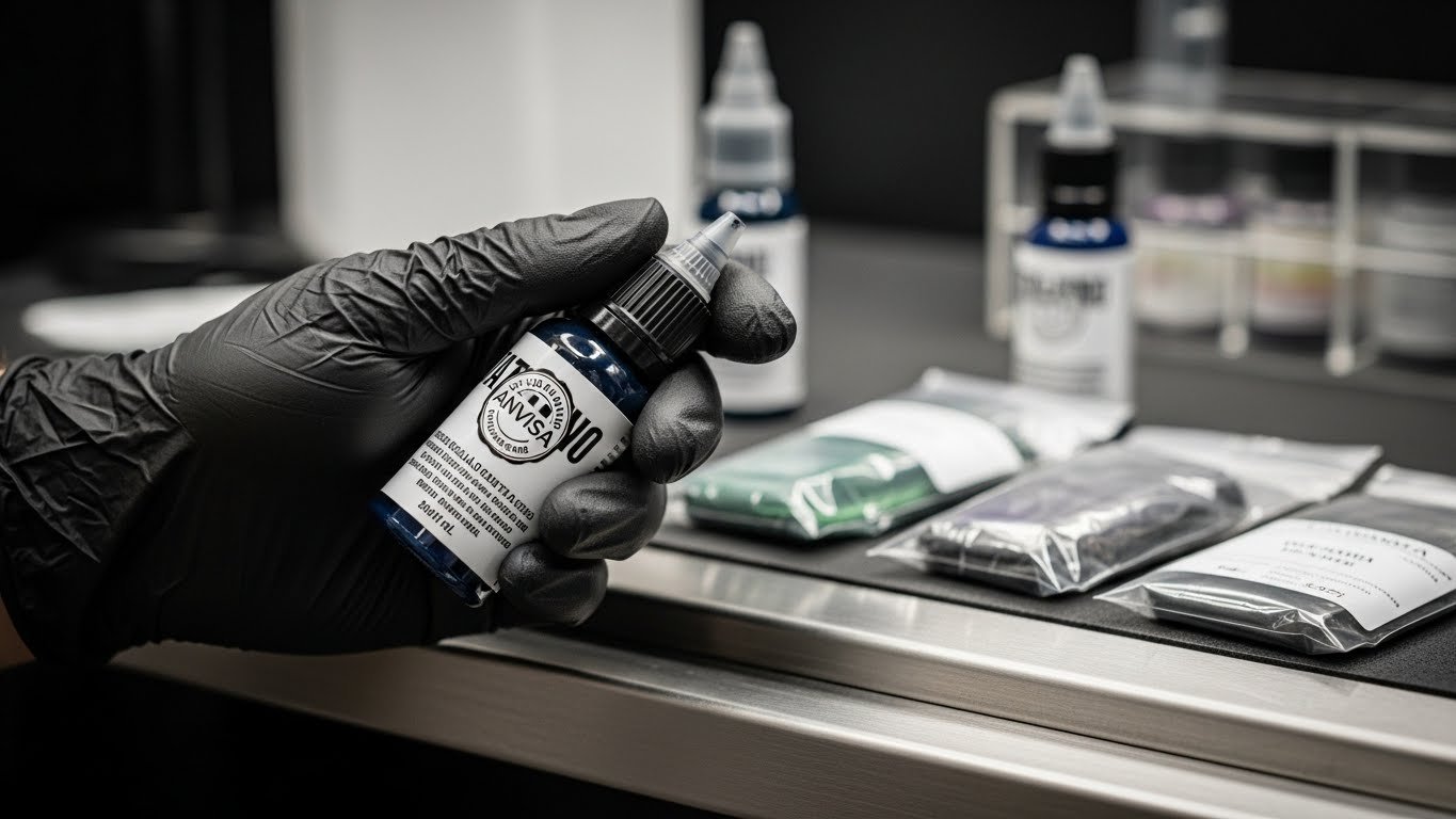 Mão de tatuador segurando um frasco de tinta, destacando a importância dos produtos de tatuagem regulamentados.