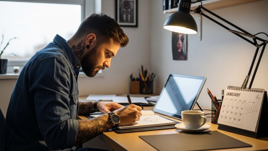 Tatuador planejando seu começo de ano, desenhando e estudando durante a temporada de baixa.