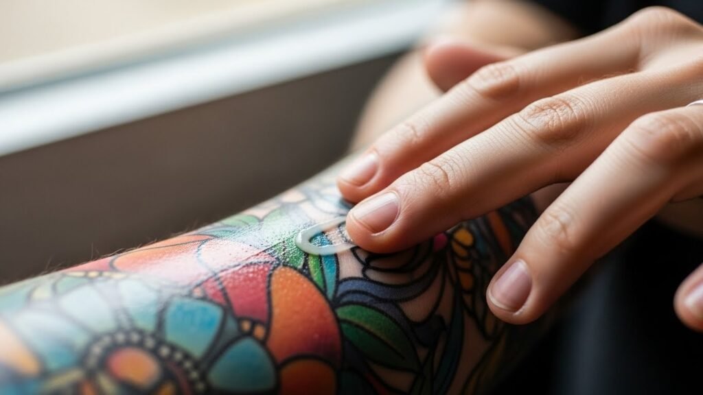 Pessoa aplicando a melhor pomada para tatuagem em uma arte recém-feita no braço para garantir a cicatrização.