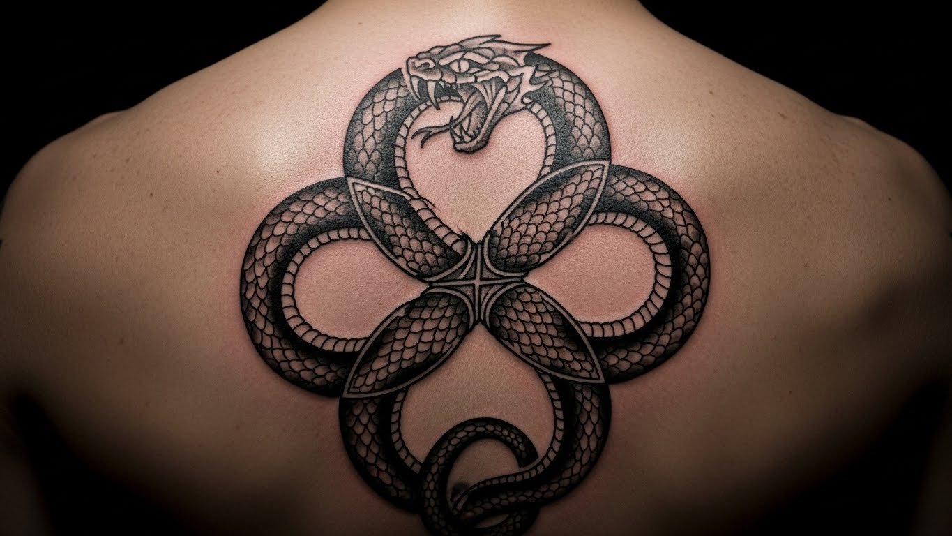 Tatuagem de Ouroboros nas costas com o significado de ciclo infinito e renovação.